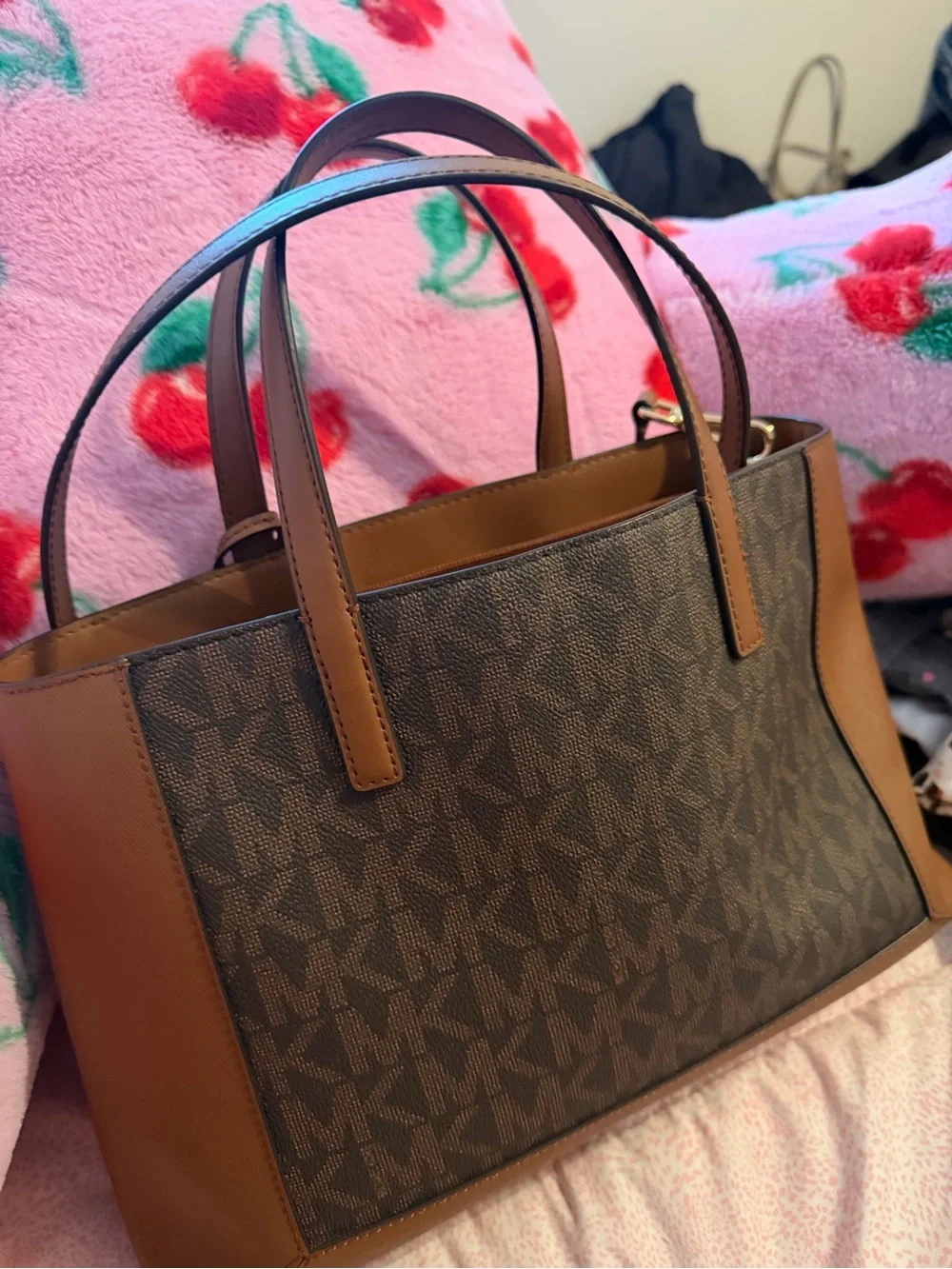 Michael Kors Brown MK Logo Satchel with Gold Charm